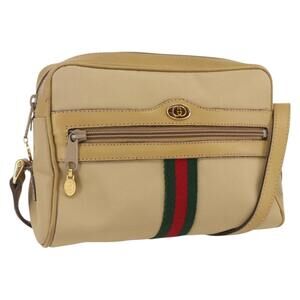 GUCCI Web Sherry Line Shoulder Bag Nylon Beige Gold Red 010 378 Auth 159085